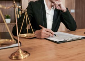 Personal injury Lawyer sitting at a desk, preparing for trial